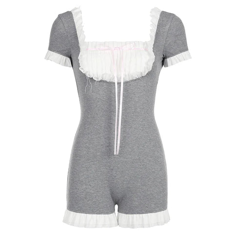 Voguable  Kawaii Contrast Patchwork Playsuit Coquette Folds Bow Square Collar Short Sleeve Jumpsuits Shorts Backless Y2K