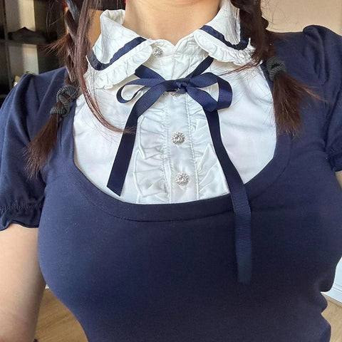 Voguable Preppy Style Contrast Patchwork Bow Peter Pan Collar Top Cute Puff Sleeve T-shirt Y2K
