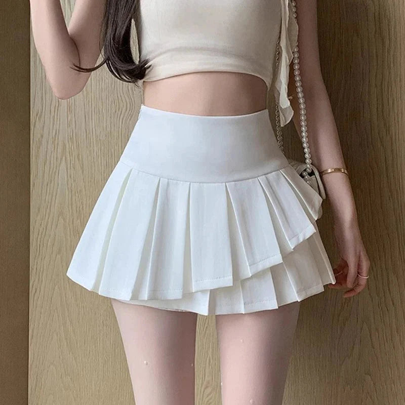 Irregular Pleated Skirt Y2K High Waist Preppy Mini Skirts FeKorean Chic Patchwork Jk Skirts with Shorts New