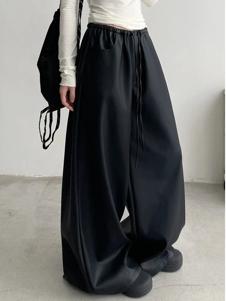 Black Pu Leather Pants Y2K Korean Elegant Drawstring Wide Leg Trousers High Waist Oversized Streetwear Trousers