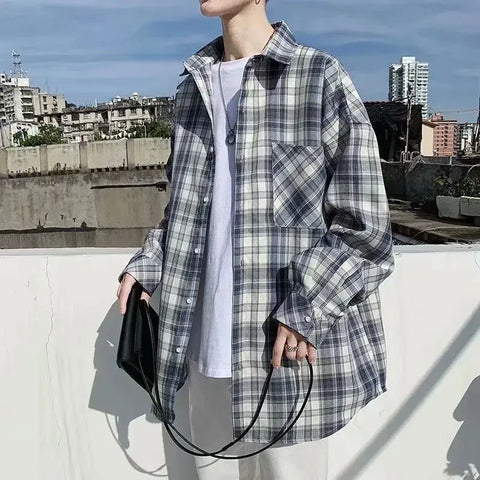 Turn-down Collar Long Sleeve Plaid Blouse Clothing Korean All-match Simplicity Button Y2K Shirts