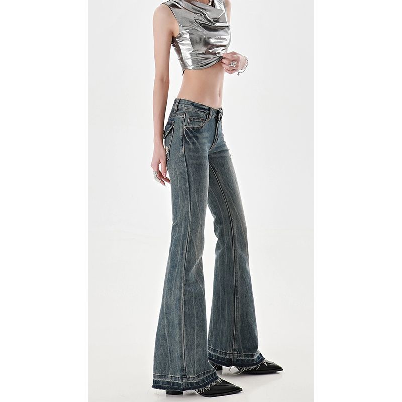 American High Street Spicy Girls Low Waist Jeans Vintage Y2k Design Sense Slim Fit Straight Tube Micro Flare Pants