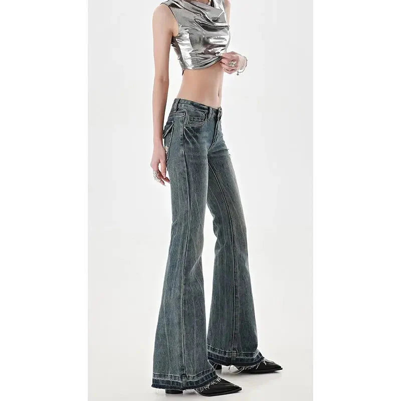 American High Street Spicy Girls Low Waist Jeans Vintage Y2k Design Sense Slim Fit Straight Tube Micro Flare Pants