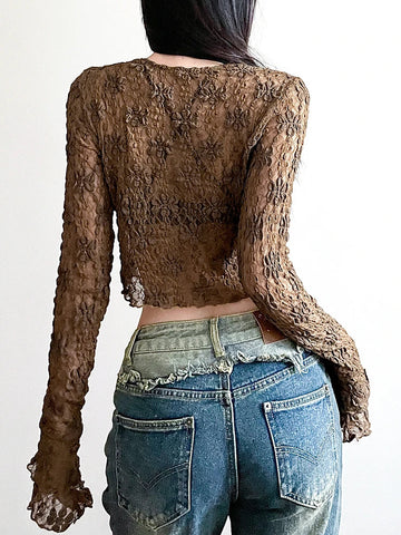 Voguable Brown Vintage Lace V-neck Tie-up Shirts for y2k Aesthetic Sweet Long Sleeve Crop Top Casual T Shirt Korean Style