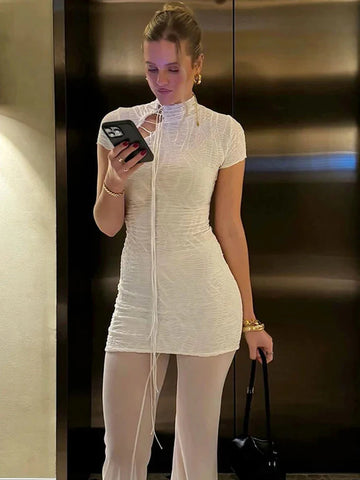 Jacquard Shirring Dress See Through Elegant Chic Y2K Shorts Sleeve Peach Hip Simple Mini Bodycon