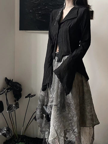 Voguable Gothic Black Shirt Yamamoto Style Dark Aesthetic Blouse Irregular Designer Clothes Emo Alt Clothes Grunge Tops Y2k