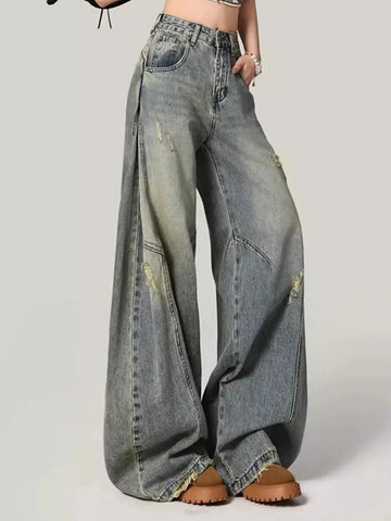 Y2K Hole Jeans Streetwear American Retro High Waist Loose Denim Pants Casual Hip Hop Vintage Pockets Lady Gothic Trousers