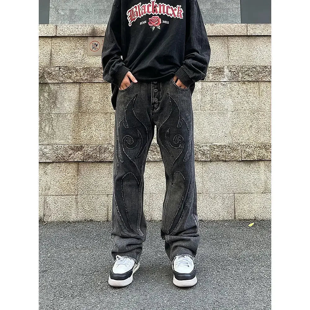 Vintage Flame Embroidered High Rise Jeans Washed Old Loose Fit Jeans Y2K Jeans Casual Pants Loose Fit Jean