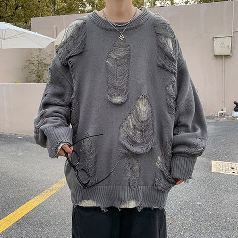 Ripped Sweaters Pullovers for Baggy High Street Retro Japanese Design Y2k Knitwear Harajuku Свитер Handsome Cool Teens Chic