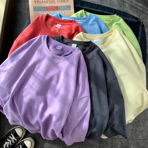 Solid Loose Round Neck Sweater Korean Y2k Full Sleeve Pullover Sweater Round Neck Casual Tops