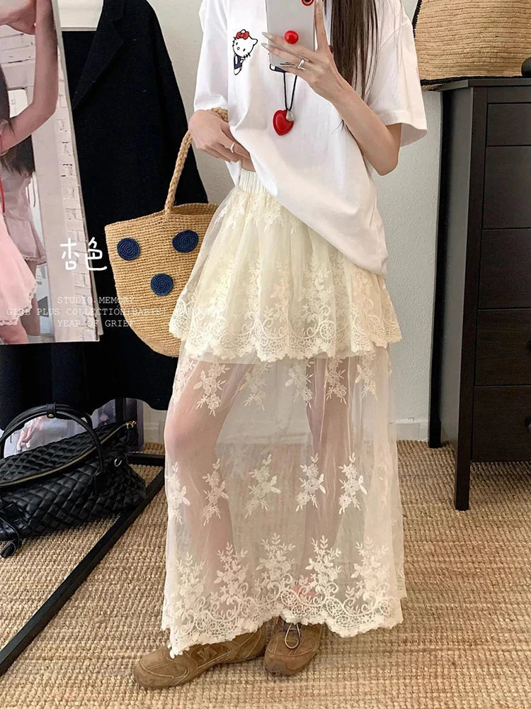 French Elegant Lace Midi Skirts Chic Patchwork Mesh Y2K FeHigh Waist Jacquard All Match A Line Skirts