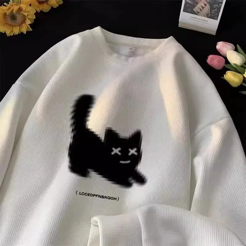 Voguable Streetwear Harajuku Waffle Cotton Kawaii Hoodies for O-Neck Oversized Sweatshirt Y2K Black Cat HIP HOP Punk Winter Clothes