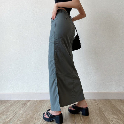 Casual Pocket Cargo Pencil Skirt Vintage Y2K All-match Solid Chic Side Slit Wrap Hip Long Skirt Streetwear