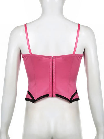 Sweet Bow Stitched Pink Crop Top Vintage y2k Patchwork Sleeveless Striped Print Tees Casual Basic Camisole Kawaii