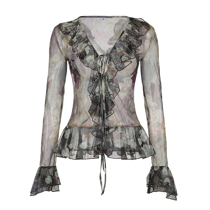 Vintage Transparent Crop Top with Slit 90s Mesh Print Ruffles Patchwork Full Sleeve Bandage T-shirt Grunge y2k Tees