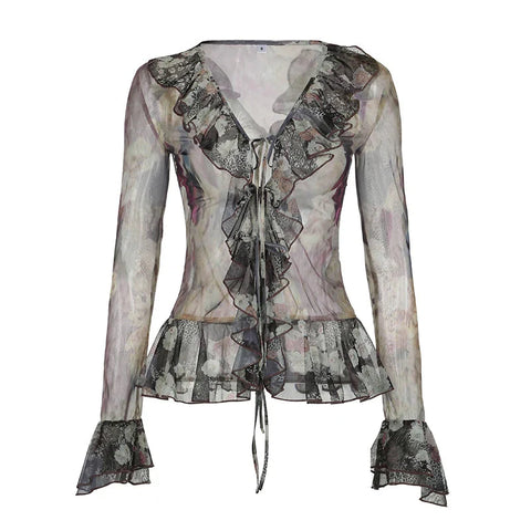 Vintage Transparent Crop Top with Slit 90s Mesh Print Ruffles Patchwork Full Sleeve Bandage T-shirt Grunge y2k Tees