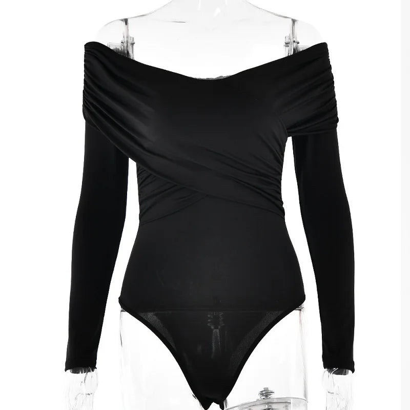 Y2k European American Cross Long Sleeve Vneck Line Shoulder Temperament Spice Street Style Pleated Solid Color Onesie