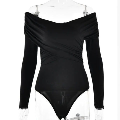Y2k European American Cross Long Sleeve Vneck Line Shoulder Temperament Spice Street Style Pleated Solid Color Onesie