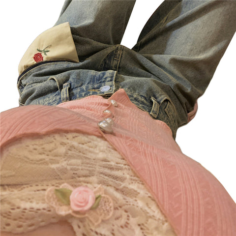 y2k Crop Top Sweet Aesthetic Clothes Lace Patchwork Long Sleeve T Shirt with Bow Decor 2000s Clothing Streetwear