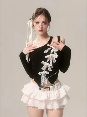 Voguable Lace Fake Two Piece Blouse Japanese Style Bow Kawaii Y2k T Shirt Spicy Girl Aesthetics Slim Tees Chic