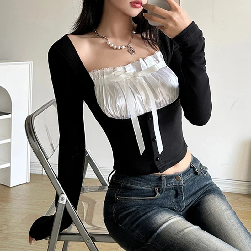 Voguable Sweet Contrast Pleated Satin Patchwork Cropped Top Coquette Slim-fit Knitted T-shirts Fall Y2K Tops Kawaii