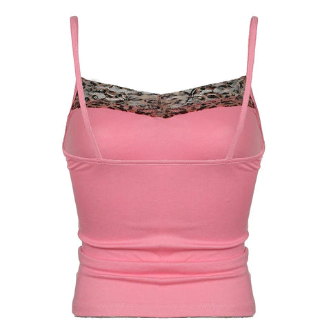 Voguable Coquette Contrast Leopard Print Patchwork Cami Y2K Aesthetic Bow Appliques Spaghetti Straps Tops Slim-fit