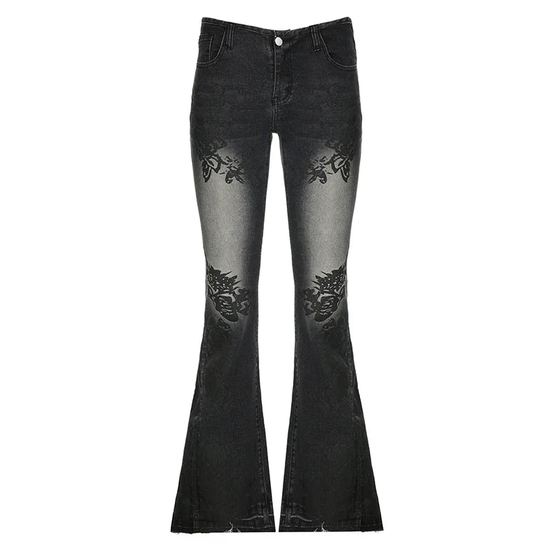 Voguable Streetwear y2k Flare Jeans Distressed 2000s Floral Print Low Rise Slim Denim Pants Korean Trousers Retro Mom Jeans
