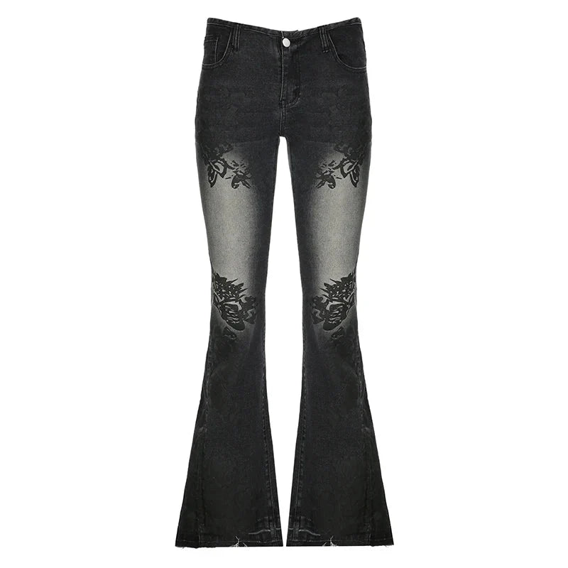 Streetwear y2k Flare Jeans Distressed 2000s Floral Print Low Rise Slim Denim Pants Korean Trousers Retro Mom Jeans
