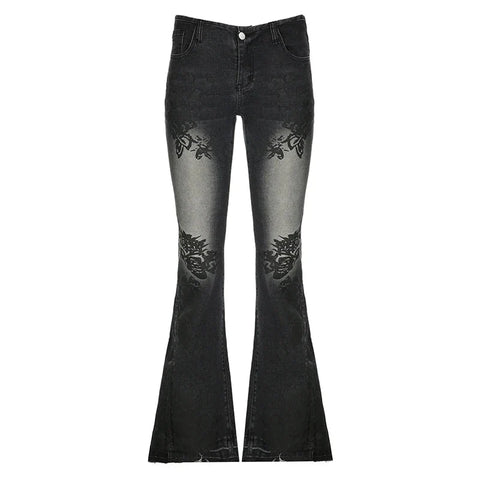 Streetwear y2k Flare Jeans Distressed 2000s Floral Print Low Rise Slim Denim Pants Korean Trousers Retro Mom Jeans