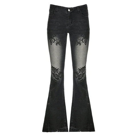 Voguable Streetwear y2k Flare Jeans Distressed 2000s Floral Print Low Rise Slim Denim Pants Korean Trousers Retro Mom Jeans