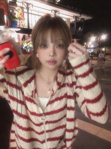 Japanese Y2k Hooded Cardigan 2000s Aesthetics Rabbit Ears Zipper Knitwear Vintage Harajuku Red Stripe Sweater Grunge