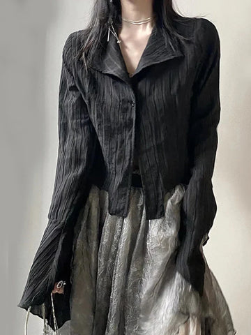 Voguable  Gothic Harajuku Black Shirt Vintage Long Sleeve Y2K Blouse Casual American Retro Irregular V Neck Loose Tops Spring