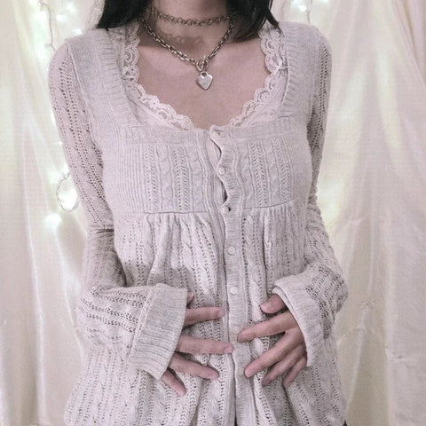 Vintage Babydoll Tops Pullovers Lady Aesthetic Coquette Knit Sweaters Outfit Square Neck Long Sleeve Knitwear Jumpers Y2k