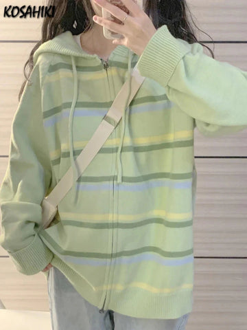 Y2k Aesthetic Stripe Hoodes Cardigans Double Zipper Casual Knitwear Harajuku Ladies Jacket Vintage Loose Grunge Sweater