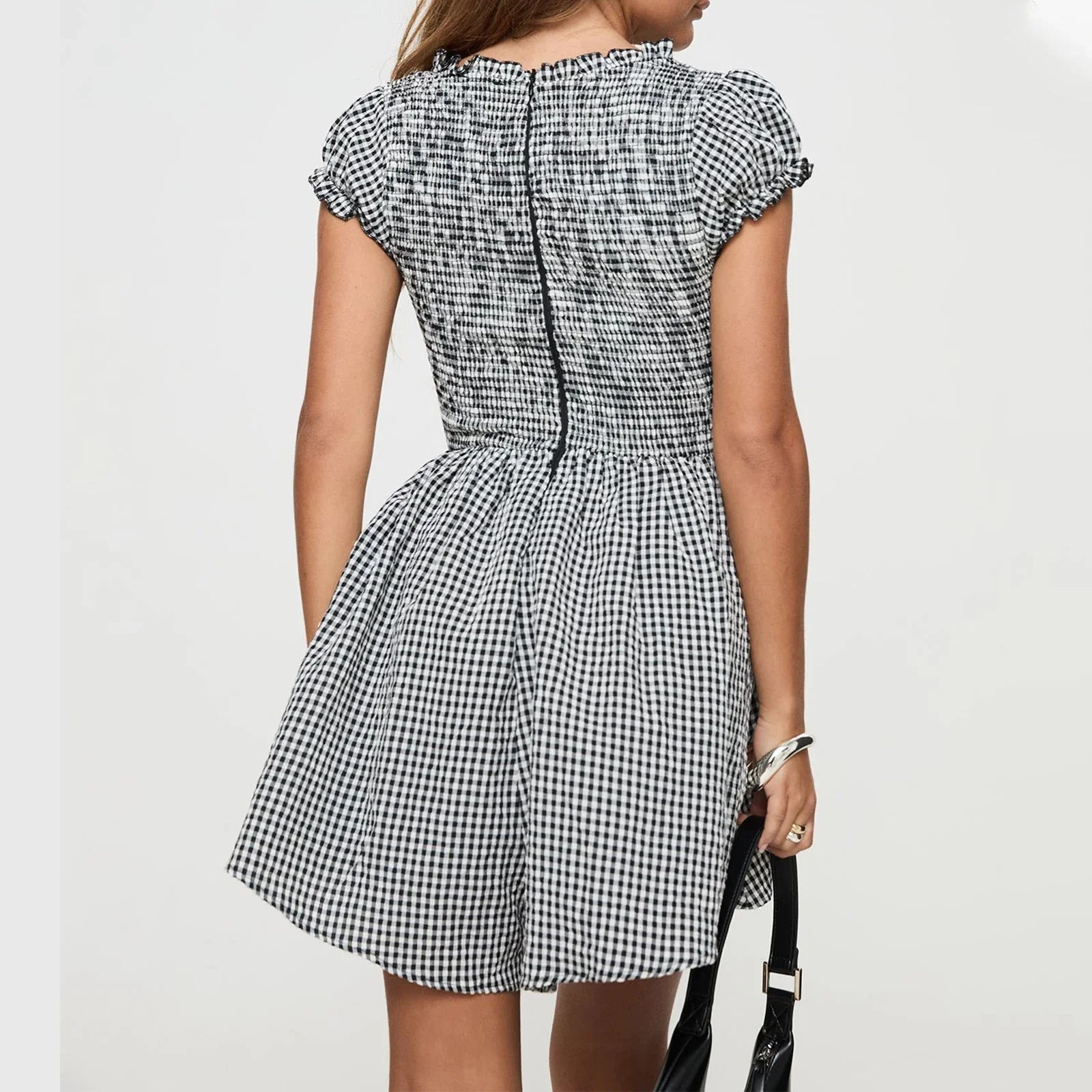 Y2k Gingham Playsuit Short Sleeve Smocked Babydoll Bodysuit Rompers Flowy A-Line Club Dress Retro Streetwear