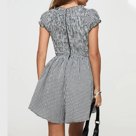 Y2k Gingham Playsuit Short Sleeve Smocked Babydoll Bodysuit Rompers Flowy A-Line Club Dress Retro Streetwear