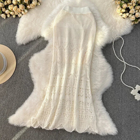 Voguable Boho Retro Holiday Long Skirts Y2k Crochet Hollow Out FeTrumpet Skirt Ladies Elegant Skirt
