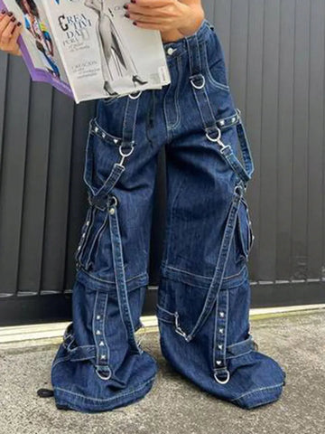 Y2k Bandage Cargo Jeans Punk Metal Blue Baggy Streetwear Pants Korean Grunge Aesthetic Jeans Stylish Vintage 90s