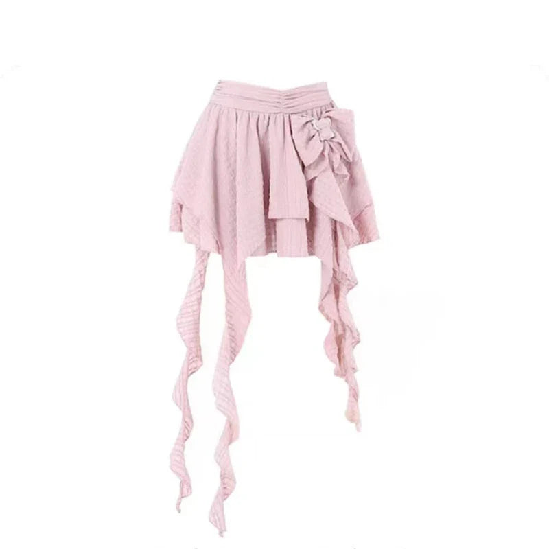 Voguable Harajuku Skirt Chic A-line Korean Sweet Saia Bow Irregular Y2k Mini Skirts Ruffles Jupe Clothing