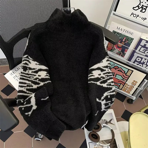 Y2k Harajuku Zipper Cardigan Man Vintage Butterfly Turtleneck American Mink Fur Soft and Lazy Style Sweater Jacket
