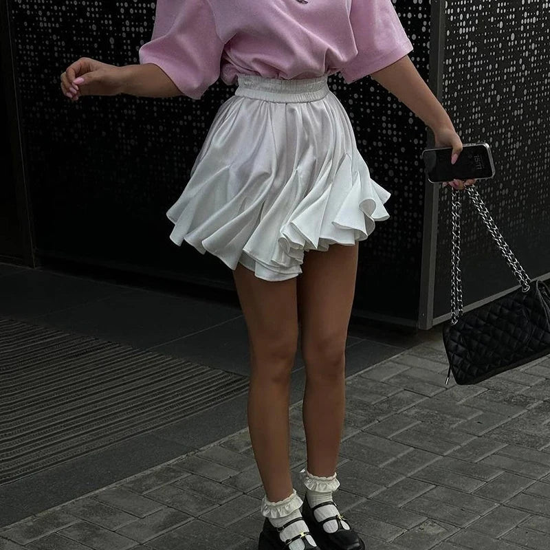 White Ruffle Mini Skirts A-line Irregular Cupcake Skirt Patchwork Elastic Waist Girl Y2K Tutu Short Skirt