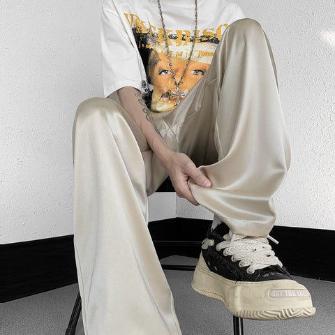 High Street Ice Silk Pants Baggy Straight Slim Sweeping Trend Y2k Casual Pant Light Slide Trousers
