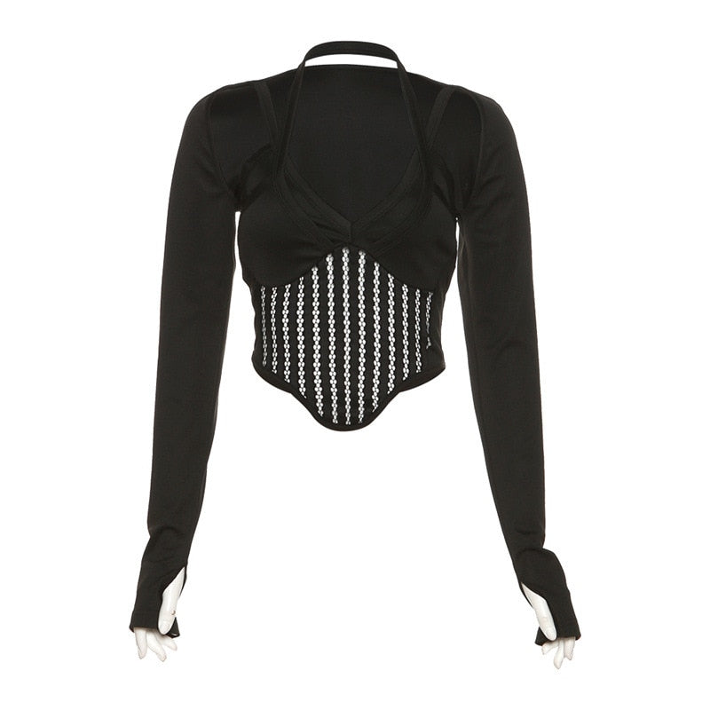 Halter Crop Top Long Sleeve Cut Out T Shirt Y2k V Neck T Shirts Crop Cami Top Bustier Corset Tank Camisole Tops
