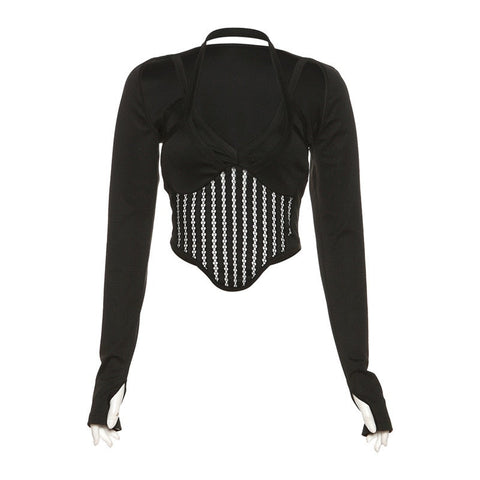 Halter Crop Top Long Sleeve Cut Out T Shirt Y2k V Neck T Shirts Crop Cami Top Bustier Corset Tank Camisole Tops