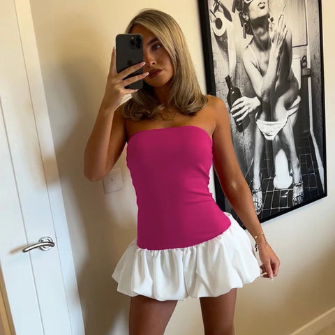 Contrast Color Mini Folds Dress For Strapless Slim Sleeveless Ruched Splice Y2K Beach FeClub Party Dress