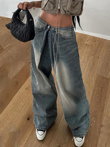 Voguable Streetwear Baggy Jeans Low Waist Jean Pants Y2K Vintage Casual Oversize Straight Washed Denim Trousers