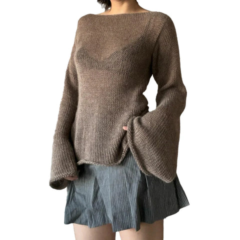 T-shirt Tie Back Sweaters Long Sleeve Boat Neck Solid Color Knit Pullover Casual Tops Streetwear Y2k Cami