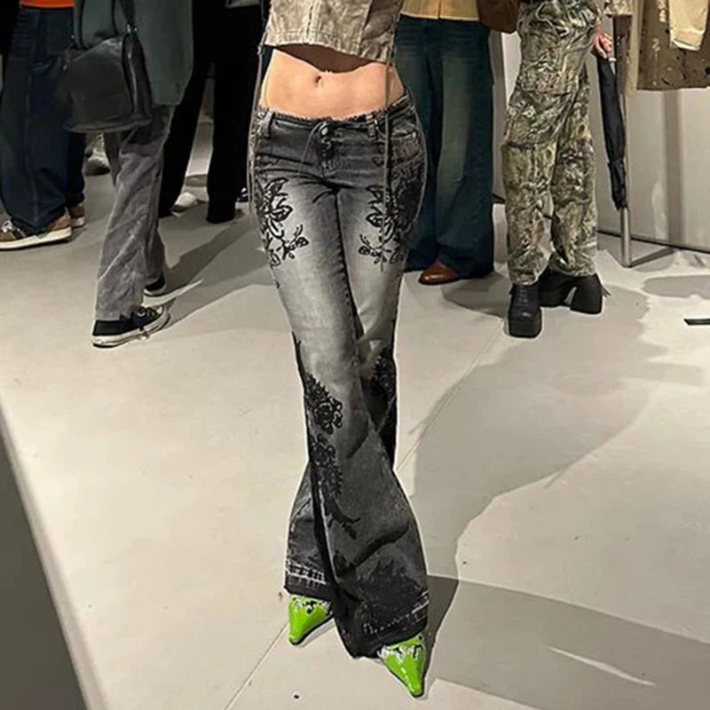 Streetwear y2k Flare Jeans Distressed 2000s Floral Print Low Rise Slim Denim Pants Korean Trousers Retro Mom Jeans