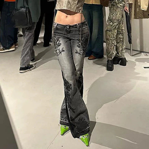 Streetwear y2k Flare Jeans Distressed 2000s Floral Print Low Rise Slim Denim Pants Korean Trousers Retro Mom Jeans