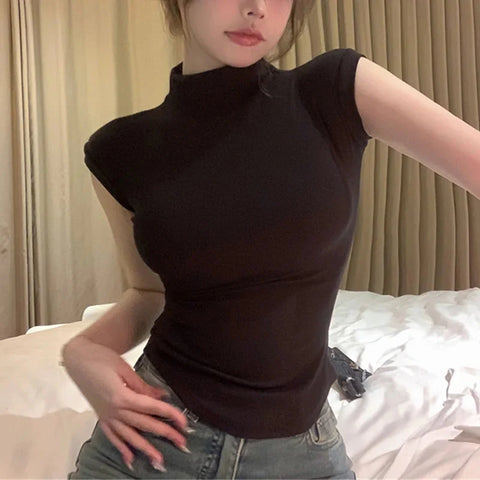 y2k Crop Tops Vest Solid Color Mock Neck Sleeveless Stretchy T Shirts 2000s Aesthetic Clothing Streetwear